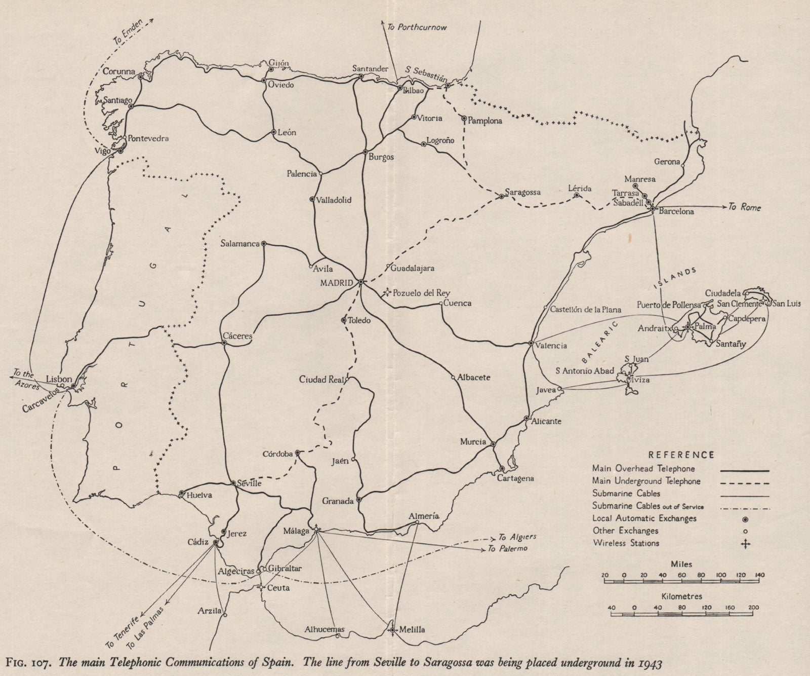 SPAIN. Telephonic communications lines exchanges. WW2 RN INTELLIGENCE MAP 1944
